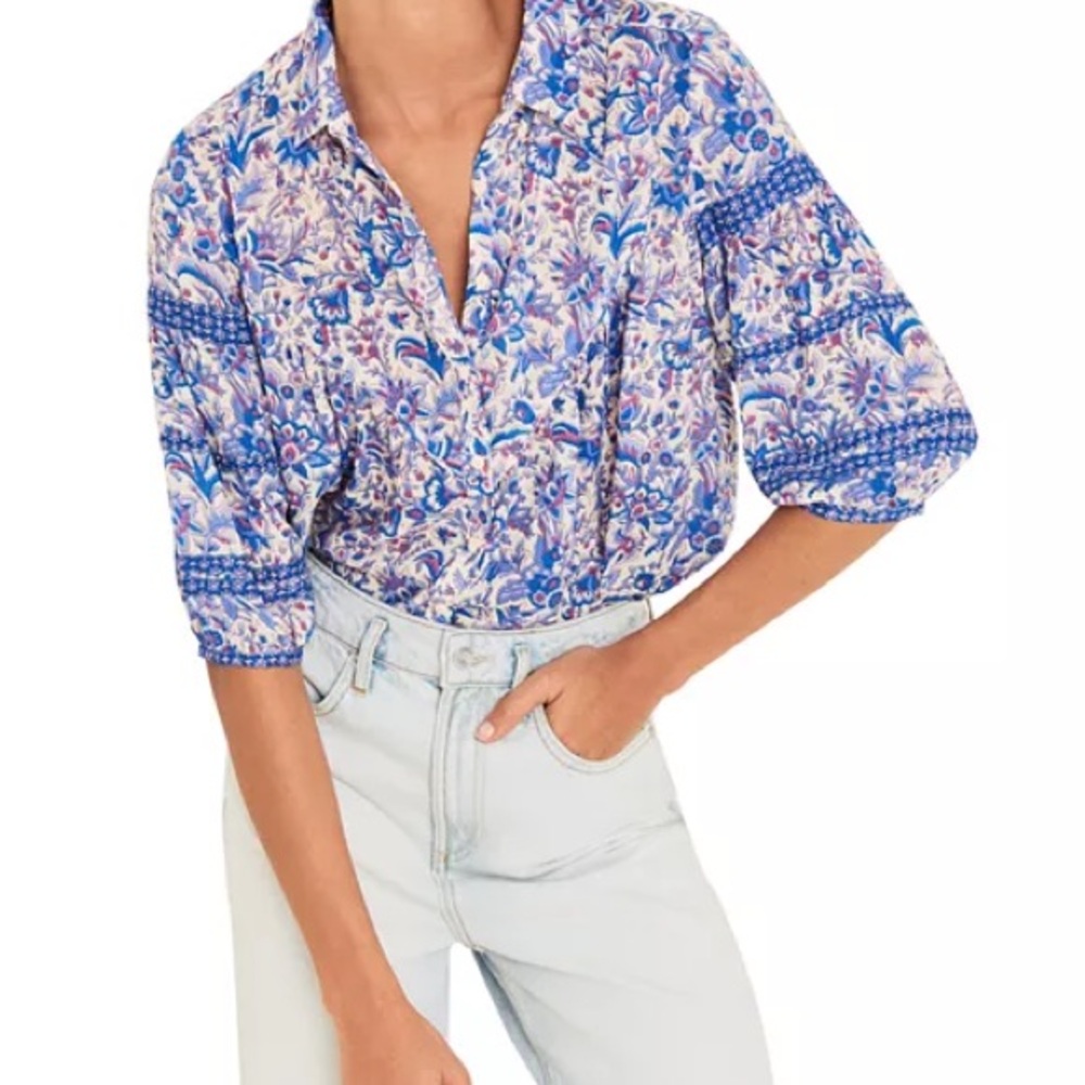 ba&sh Brooklyn shirt, featuring a blue and white paisley floral print